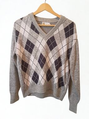Vintage Aureus Gray Argyle GOLF Sweater Preppy Acrylic Eclectic Grandpa V-Neck M